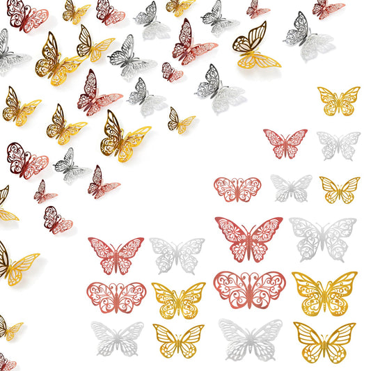 STNRST-IN 3D Butterfly Wall Decor, 72Pcs 6 Styles 3 Sizes, Removable Butterfly Wall Stickers, Gold Butterfly Decorations for Birthday Party, Baby Shower, Wedding, Cake, Flower, Girls Bedroom(3 Colors)