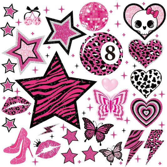 Wxiben Aesthetic Y2K Room Decor - 200 Pcs 2000s Mcbling Wall Decals Hot Pink Walls Stickers Decor for Room Y2K Star Baddie Peel and Stick Wall Decals for Home Bedroom Living Classroom Apartment Dorm