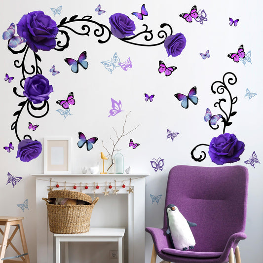 Removable Purple Floral Rose Wall Decor 3D Peel and Stick Flower Vine Black Plants Vines Leaf Wall Stickers Flying Butterfly Wall Decals for Kids Girls Baby Bedroom Nursery Living Room (Purple)