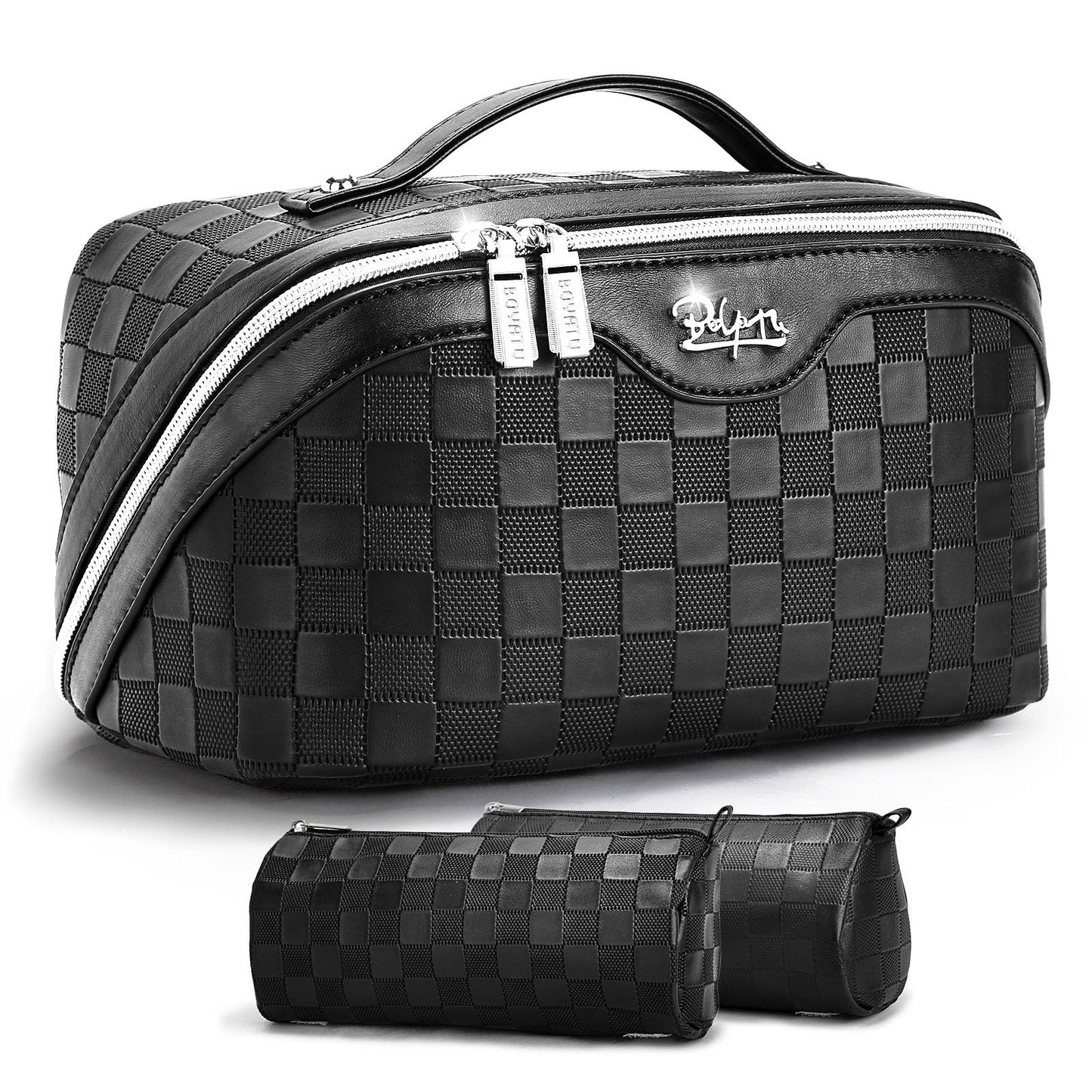 BOYATU Travel Makeup Bag Organizer: 3 Pcs Set Large Capacity Cosmetic Bags Holds 10–20 100ml Full-Size Bottles for 3–15 Day Trips - 180°Open-Flat Make up Case 3-sec touch-up - Toiletry Bag Gift women