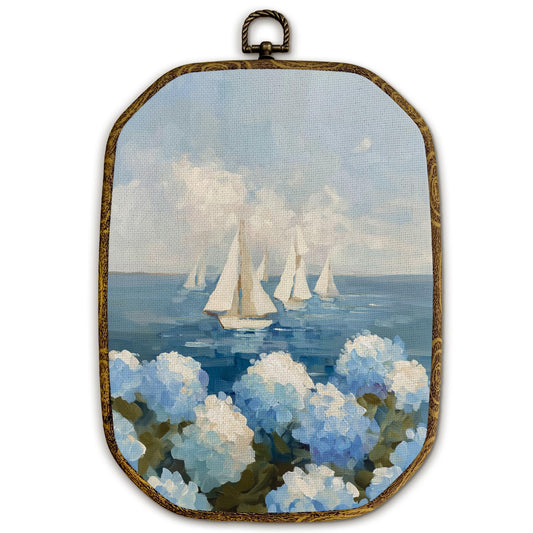 Yjeslw Coastal Beach Sailboat Hydrangea Octagon Wall Art Decor, Nautical Sailboat Beachy Framed Canvas Prints, Coastal Wall Hanging Decorations for Home Bedroom Living Room Decor, 10.2x7 Inches