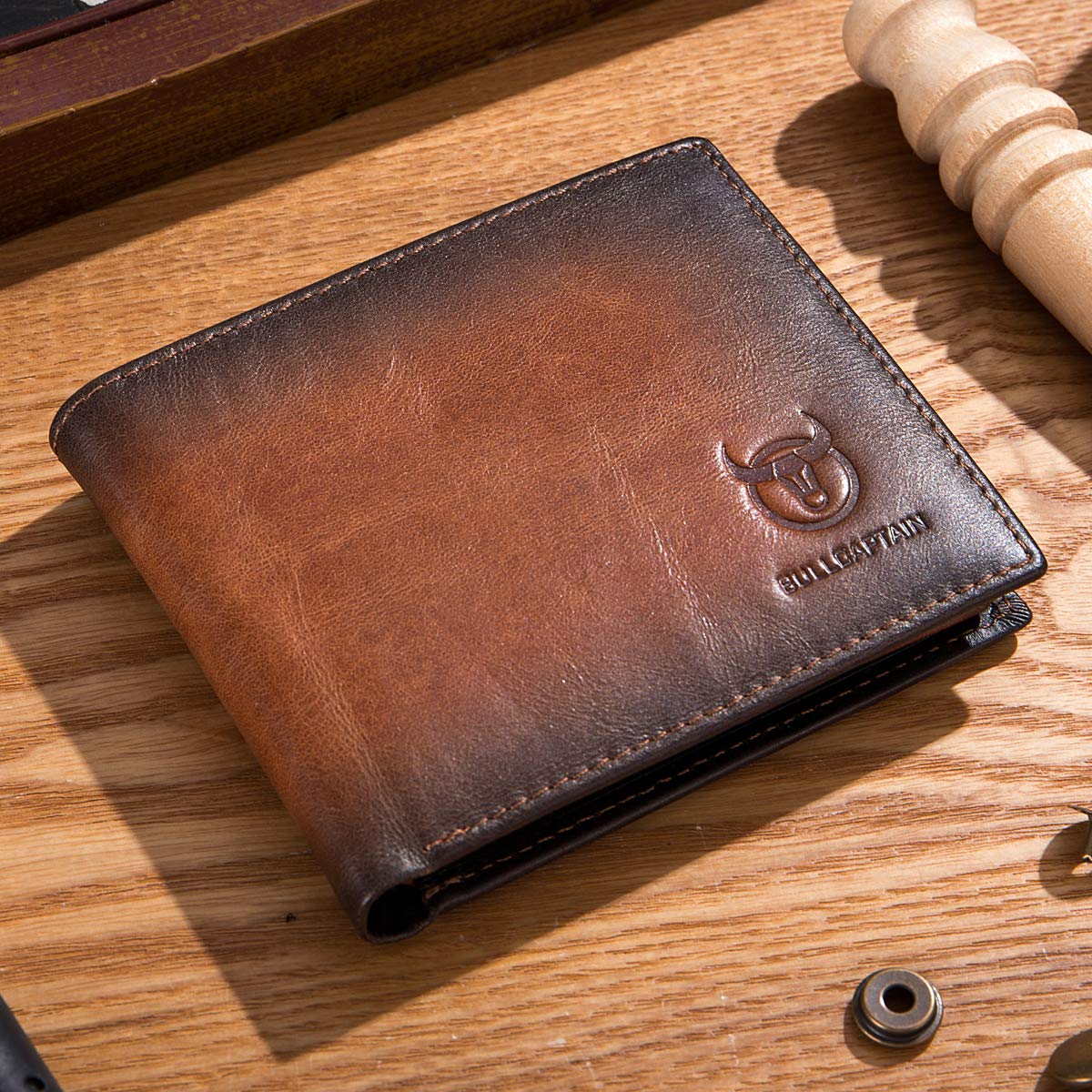 BULLCAPTAIN RFID Wallets for Men Slim Bifold Genuine Leather Front Pocket Wallet with 2 ID Windows QB-05 (Brown)