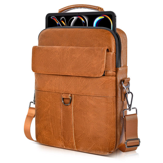 11 Inch Tablet Shoulder Bag Leather Carrying Case for 11 inch iPad A16, iPad Pro 11" M5 M4/ iPads Air 11" M4 M3 M2 2026 2025 with Magic Keyboard, Vertical Laptop Sleeve Messenger Computer Bag, Brown
