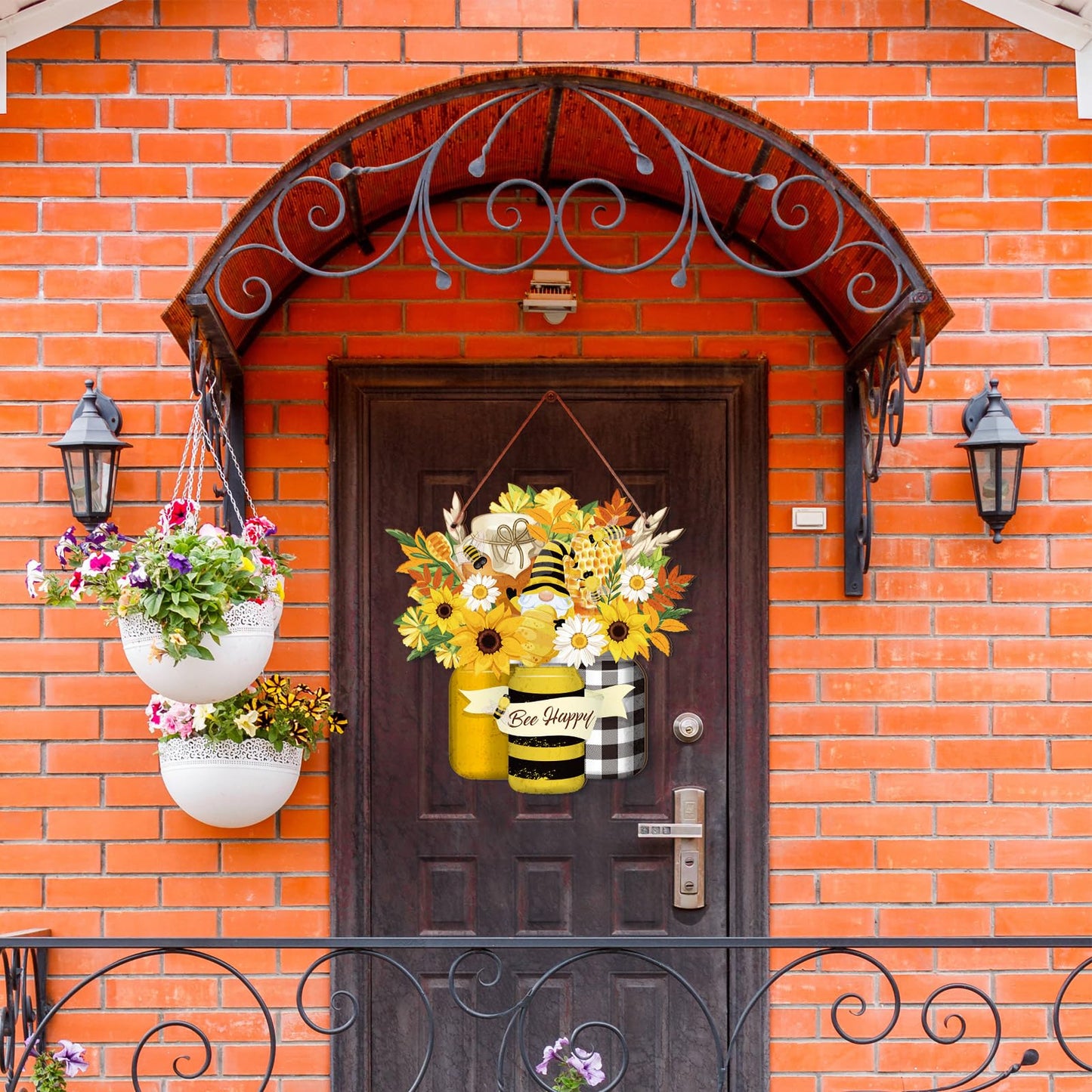 Bee Welcome Sign Wooden Yellow Bee Sign Bee Flower Gnome Wood Hanging Door Decor Farmhouse Porch Outdoor Front Door Decorations Supplies (Bee Style)