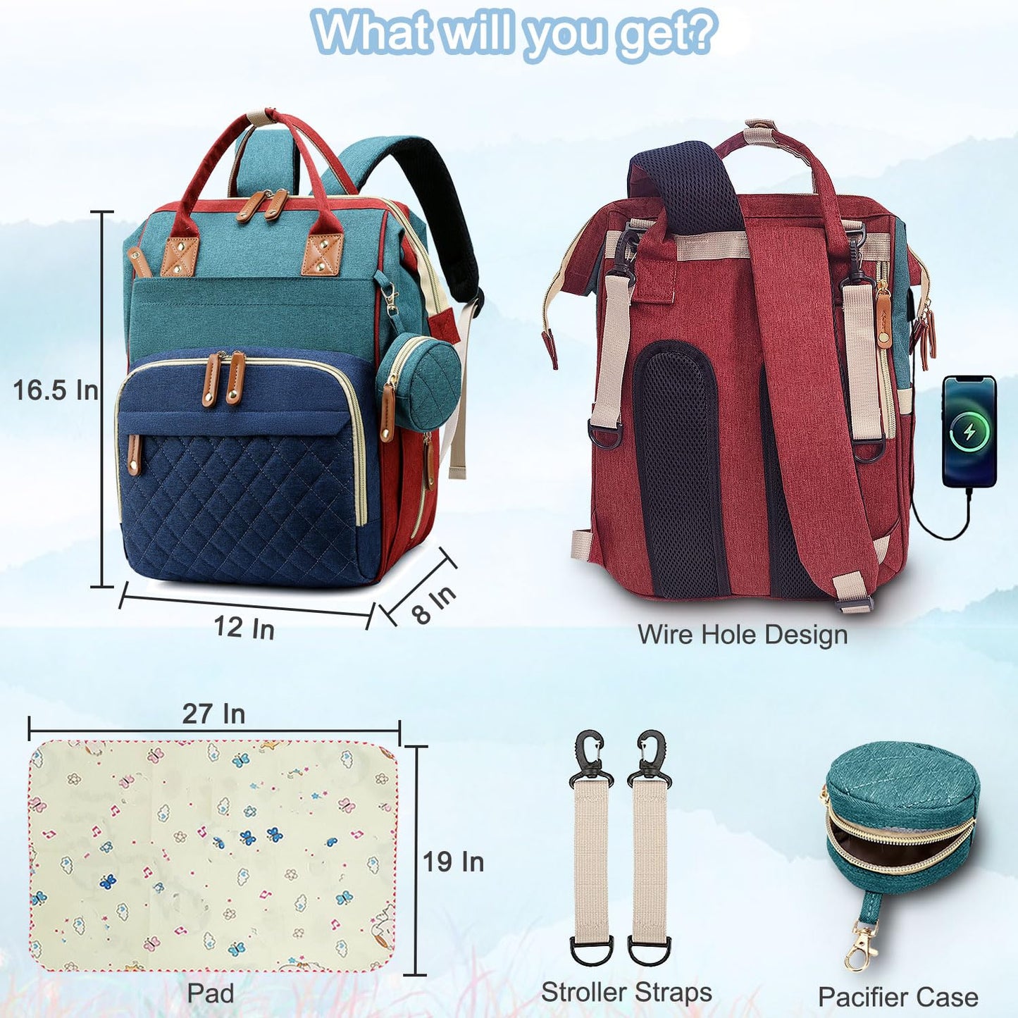 SHITIESHOU Diaper Bag Backpack Baby Bag, Baby Girl Boy Diaper Bag for Dad Mom with Pad, 16 Pockets, Pacifier Case, Large Diaper Bags Unisex for Travel (Colorful)
