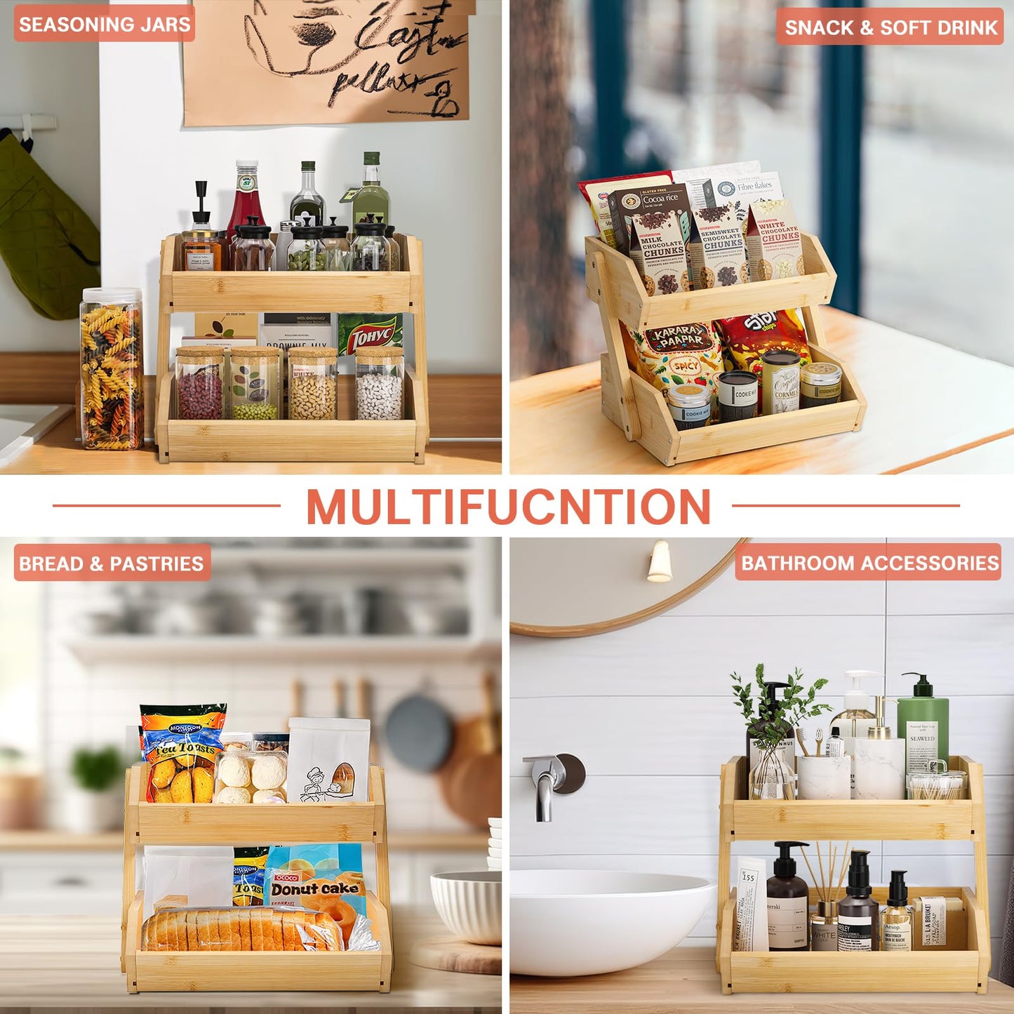 G.a HOMEFAVOR Large Bamboo Fruit Basket, 2-Tier Fruit Bowl for Kitchen Counter, Vegetable Storage Stand for Fruit Shop, 15 mm Thickness (Self-assembly)