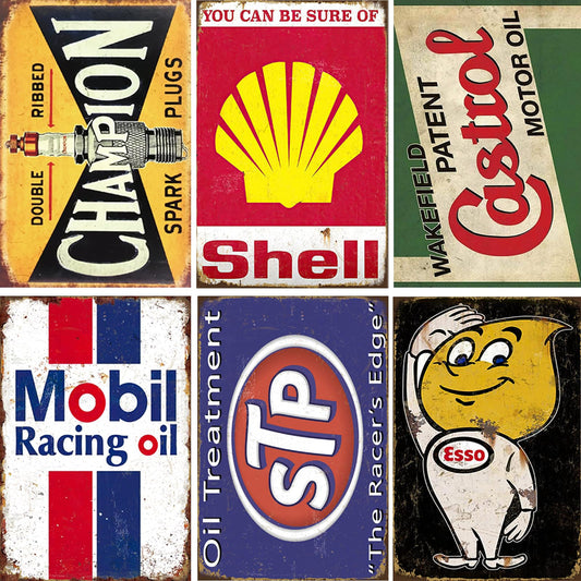 Vintage Metal Tin Signs Set of 6, Retro Garage Signs & Oil & Gas Station Wall Decor for Man Cave - 8x12 Inch Old Car Shop Posters