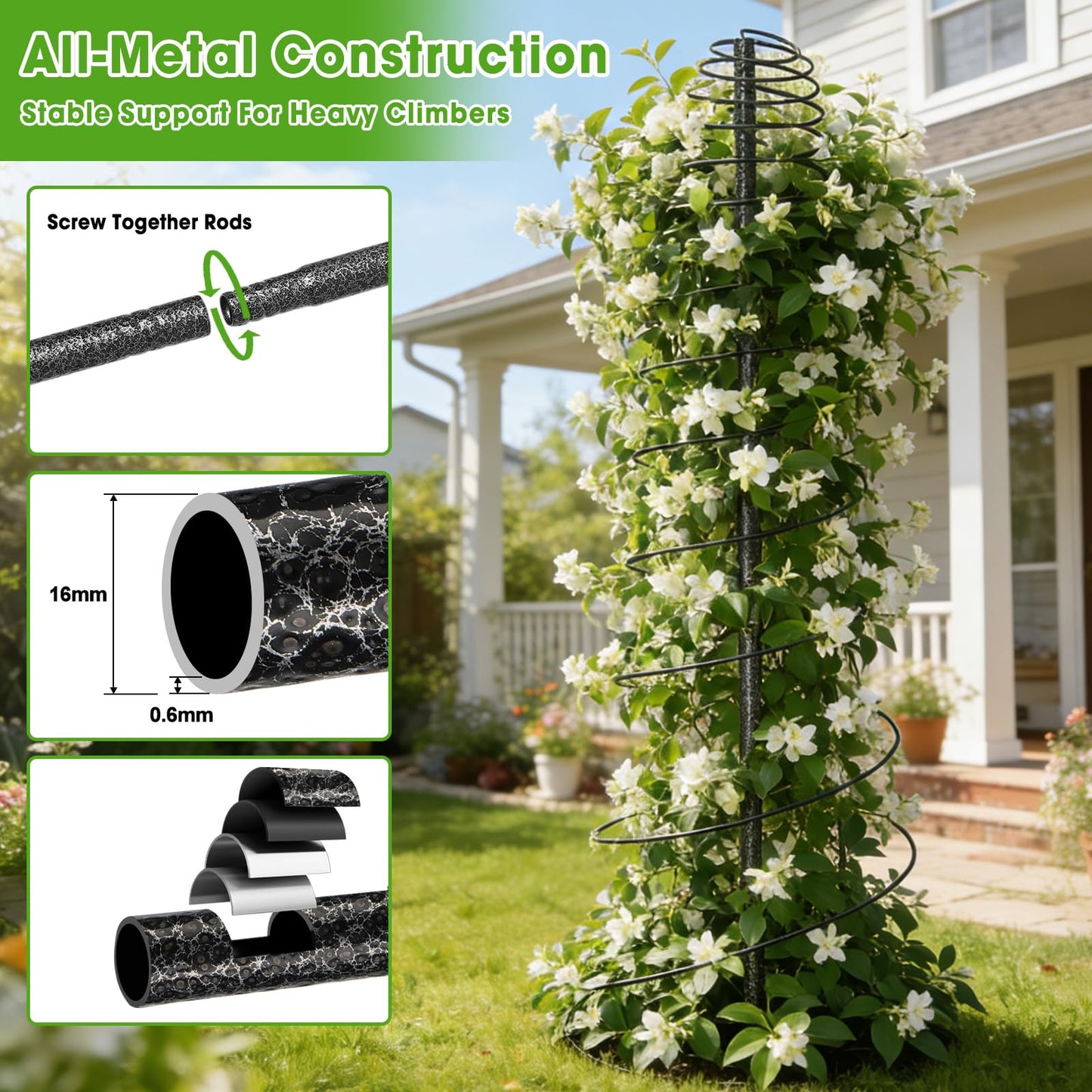 Trellis for Climbing Plants, 2PCs 75” Metal Spiral Frame Pea Trellis with Center Pole, Adjustable Vine Plant Tower Supports for Outdoor Beans,Cucumbers,Vegetable,Flowers,Pots,Garden Raised Bed,12” Dia