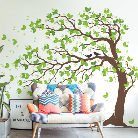 AM AMAONM 74.8x59 Inch Large Watercolor Tree Wall Decals - Peel & Stick Wall Stickers, DIY Removable Wall Art for Kids Living Room, Bedroom, Nursery Decor (Brown Trunk Green Leaves)