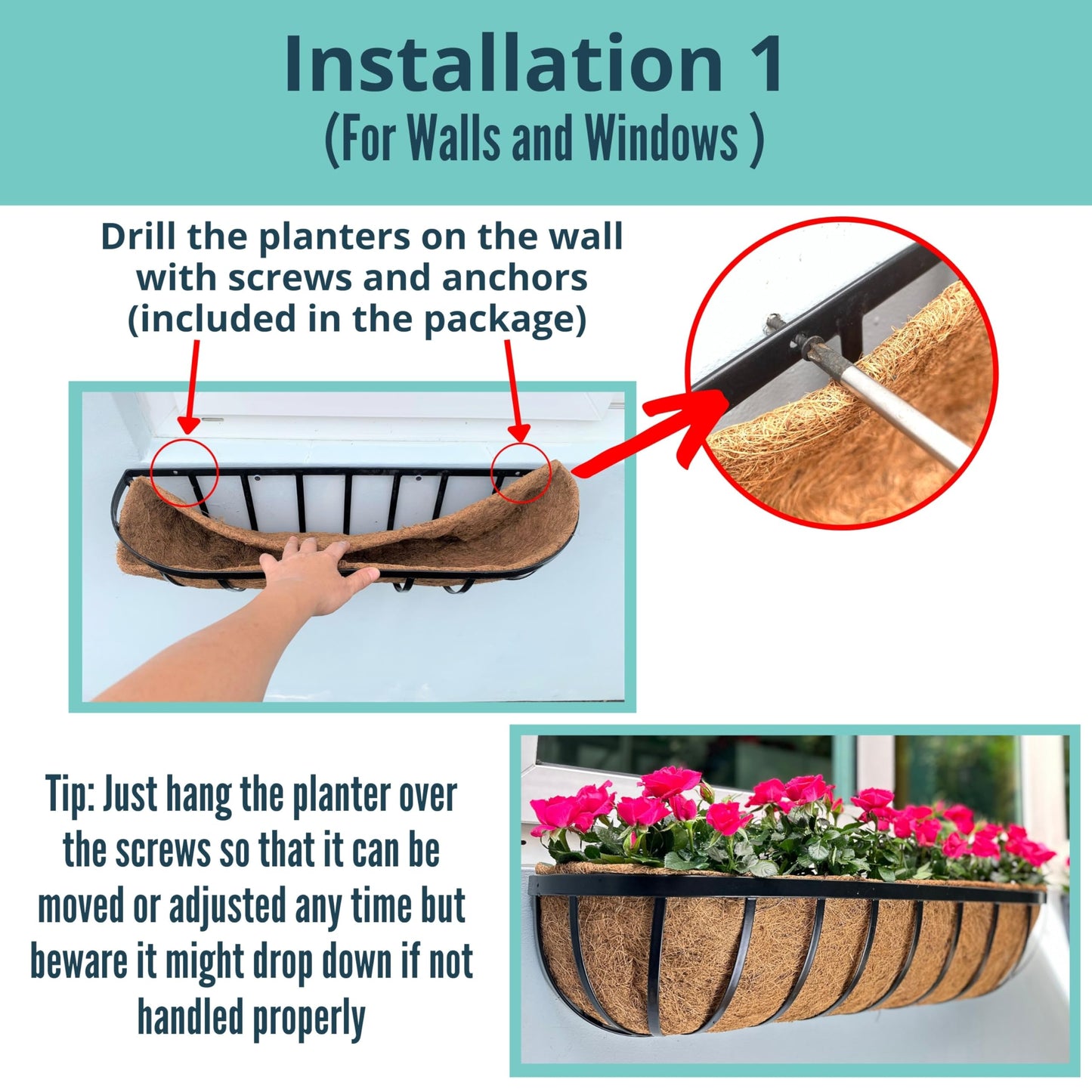 LaLaGreen Outdoor Wall Planter - 30 Inch, 2 Pack Black Metal Window Boxes Planters Attach to House, Large Flower Basket Deck Railings Hanging with Coco Liner Horse Troughs Fence Balcony Patio Porch