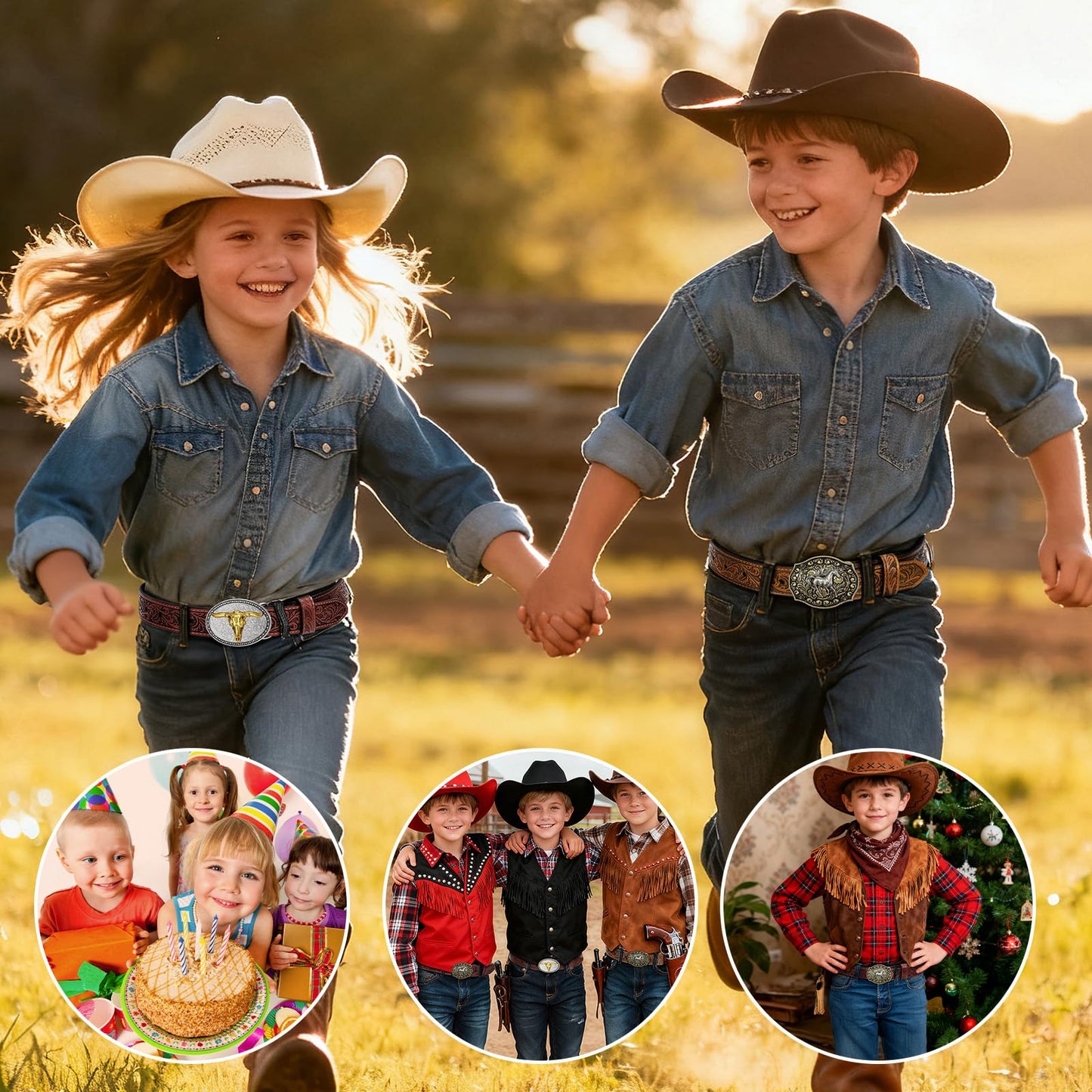 SANSTHS Kids Western Belt without Buckle Genuine Leather Boys Girls Belt Strap Cowgirl Cowboy Belts for Jeans Western Gifts, Embossed Leaf/Black Coffee