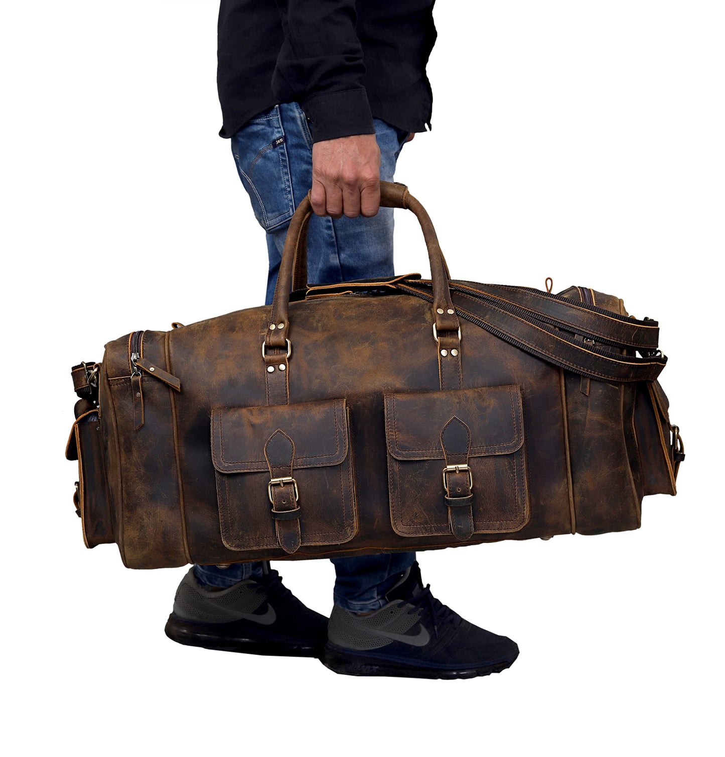 Large duffel bags for men holdall leather travel bag overnight gym sports weekend bag (BROWN, 32" XX-Large)