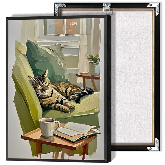 Sleeping Tabby on Sofa Wall Art Trendy Cozy Cat Coffee Book Canvas Prints Decor Modern Whimsical Poster Painting Vintage Cute Animals Aesthetic Picture for Living Room Bedroom 12x16inch Unframed