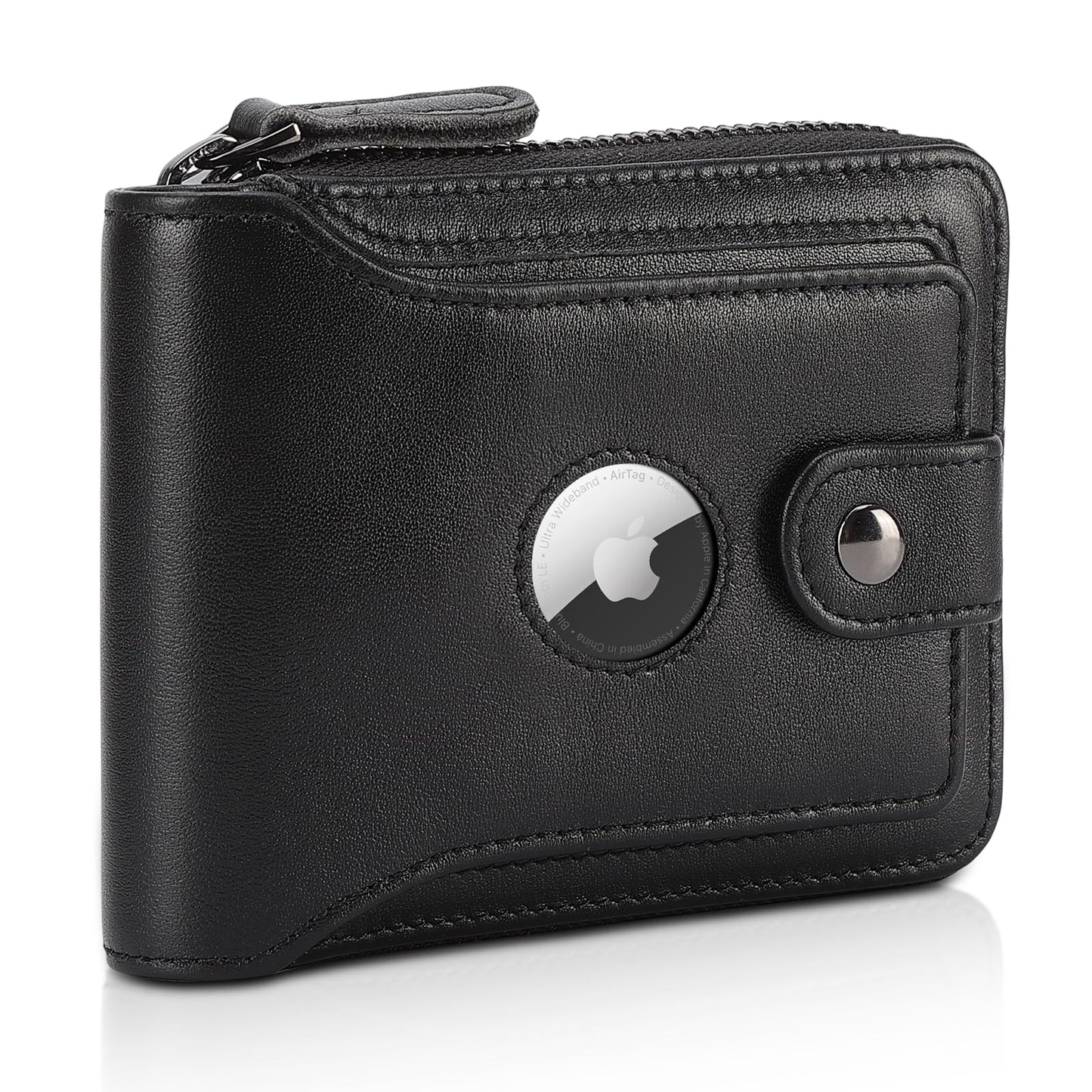 Polare Napa Leather Wallet for Men Bifold RFID Blocking Cash Credit Card Case with Air Tag Slot and YKK Zip Coin Pocket (Black with AirTag Slot)