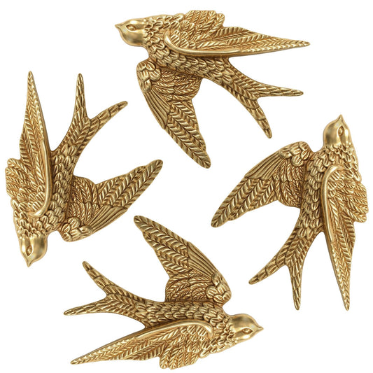 Lemecima Set of 4 Vintage Bird Wall Sculpture Decor, 4.7 Inch Antique Gold 3D Sculpted Bird Resin Hanging Art Floating Ornament for Living Room Garden Outdoor Wall, Housewarming Gift