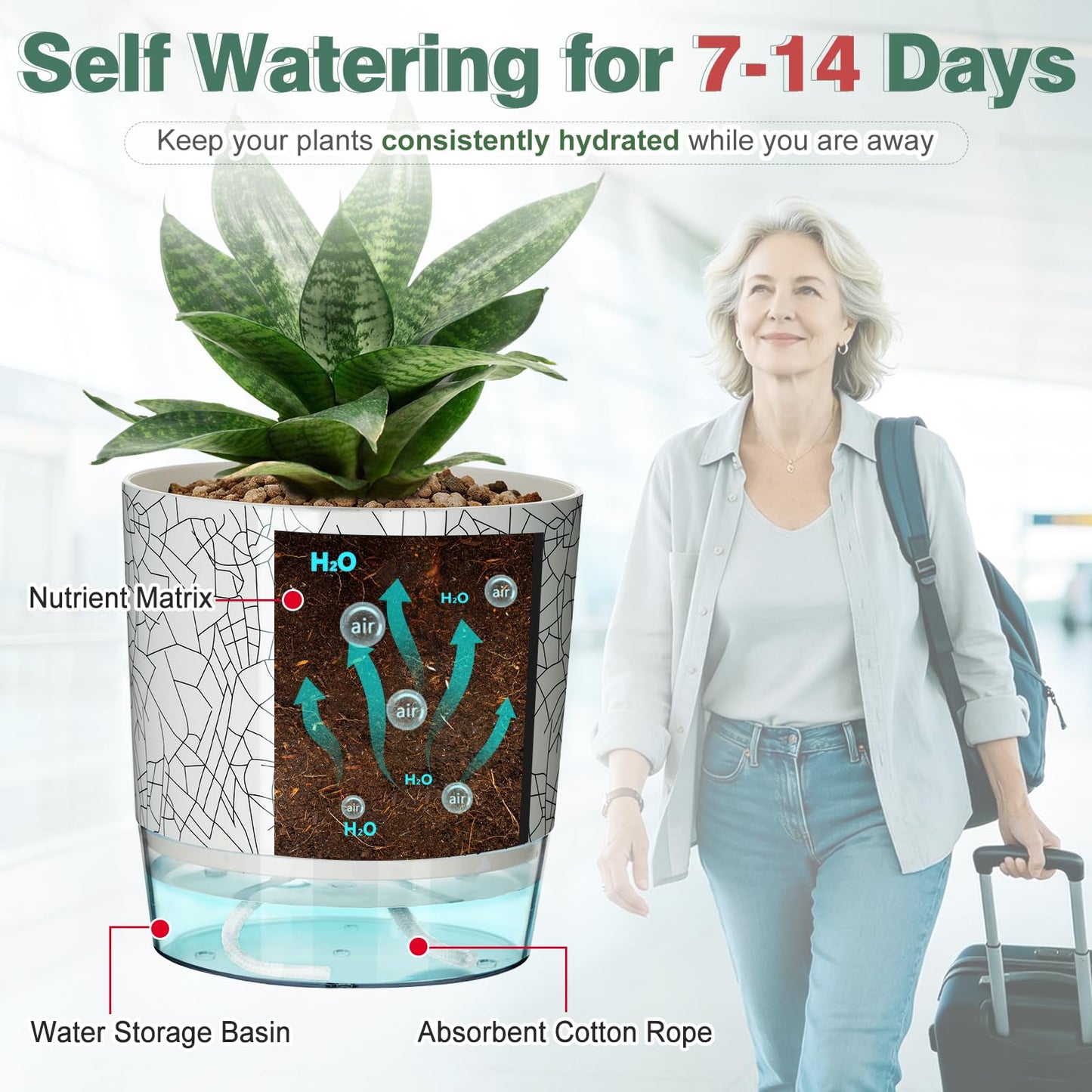 Samhe 3 Pack Self Watering Pots for Indoor Plants, 4+5.5+6.3 Inch Self Watering Plant Pots, Flower Pots with Wick Rope and Reservoir - Crack Texture