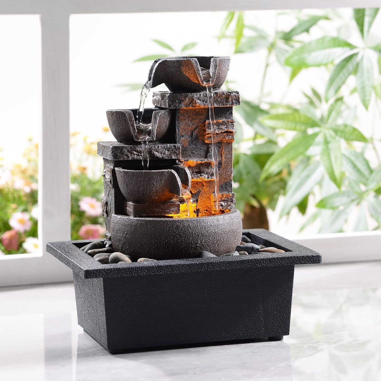 Kalona Décor Desktop Fountain - 10" 4-Tier Design with Imitation Stone, Indoor Waterfall Tabletop River Rocks & Resin Material for Serene Meditation & Relaxation - Ideal for Home & Office Decor