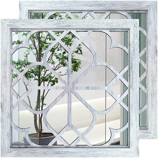 Wocred 2 PCS Square Wall Mirror,Gorgeous Rustic Farmhouse Accent Mirror,Rustic White Color Entry Mirror for Bathroom Renovation,Bedrooms,Living Rooms and More （20”）