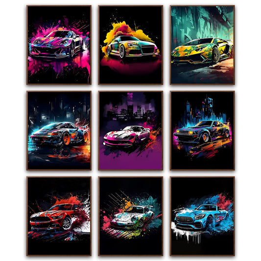 tgguytiy 9pcs Car Wall Art Prints Racing Car Canvas Posters Fashion Wall Decor Colorful Paintings Modern Car llustration Aesthetic Photo Picture Art Painting for Living Room Bedroom Bathroom 10x8 In
