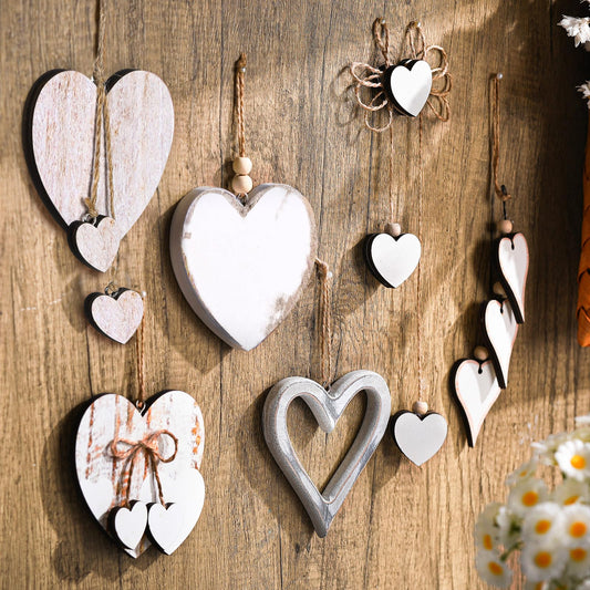 Briwooody 12 Pcs Vintage Wooden Heart Ornaments Rustic Wood Crafts Farmhouse Wooden Hearts Decoration Small Heart Shaped Decorative Hanging Ornaments for Home Indoor Wedding Party Decor