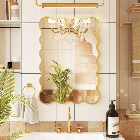 Kelly Miller 22x32 Inch Gold Scalloped Mirror, Large Rectangular Wavy Edge Bathroom Vanity Wall Mirror Decorative for Bedroom Living Room Entryway Fireplace Mantle