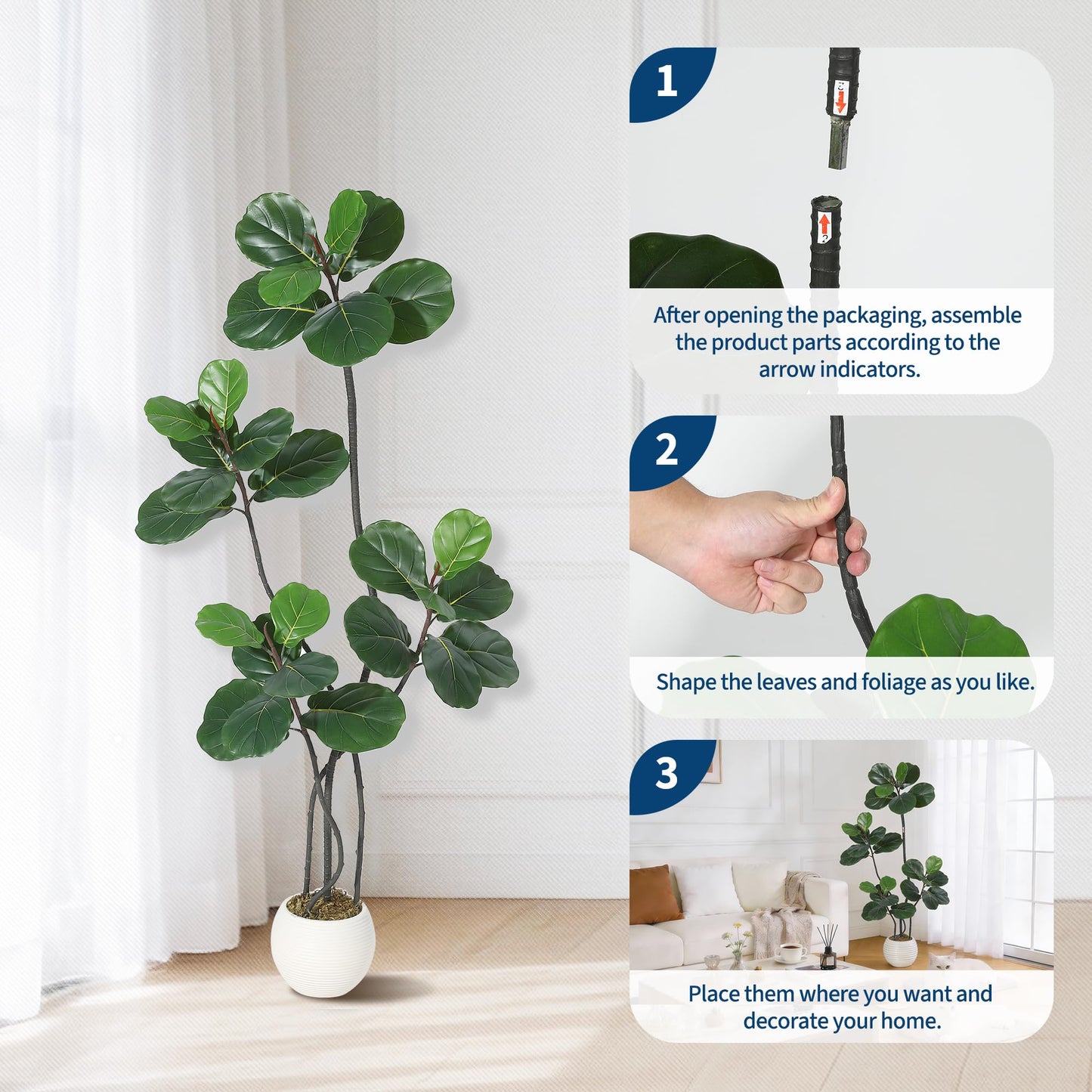 GarveeHome 5FT Artificial Ficus Lyrata Tree, Bendable Boughs, Modern White Pot Included, Perfect for Home Office Living Room Decor Indoor, Tall Artificial Tree for Housewarming Gift