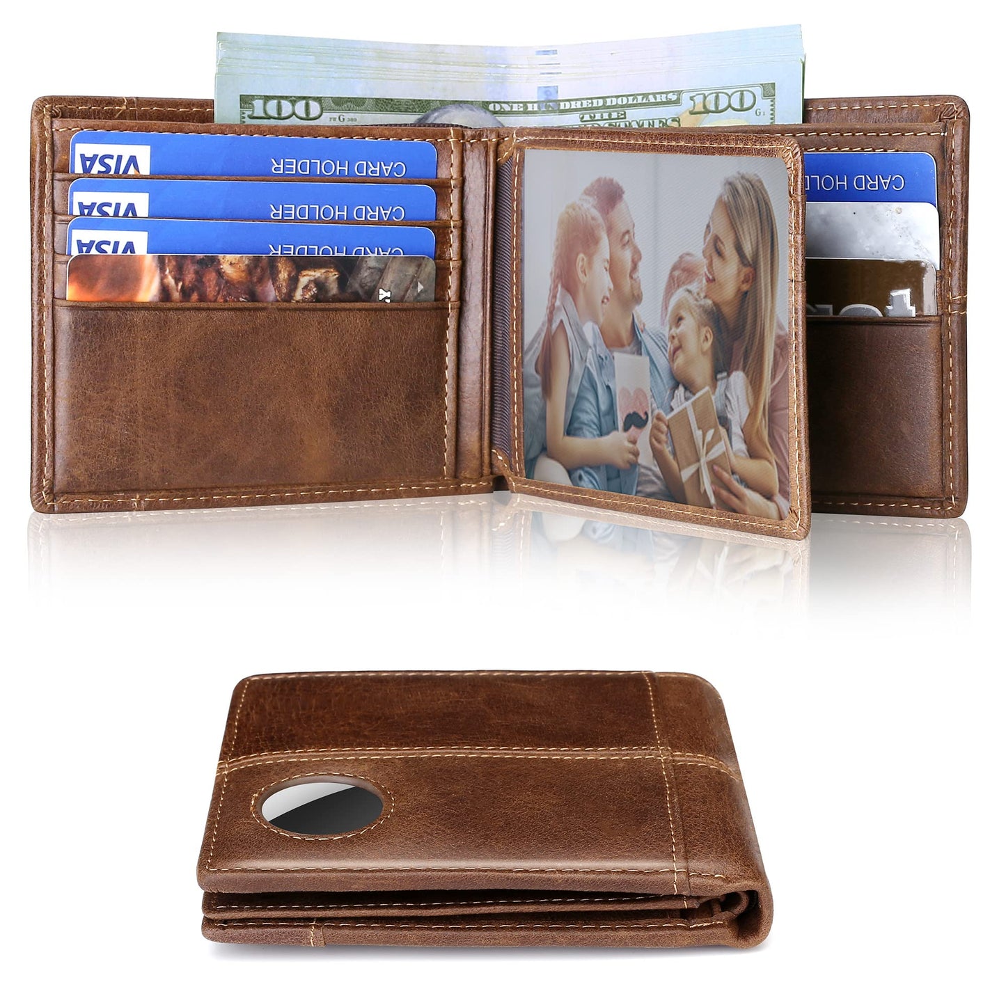 Swallowmall AirTag Wallet Mens RFID Blocking Genuine Bifold Leather Wallets for air tag Men's Wallet with 1 ID Window 15 Card Slots (Airtag Not included)