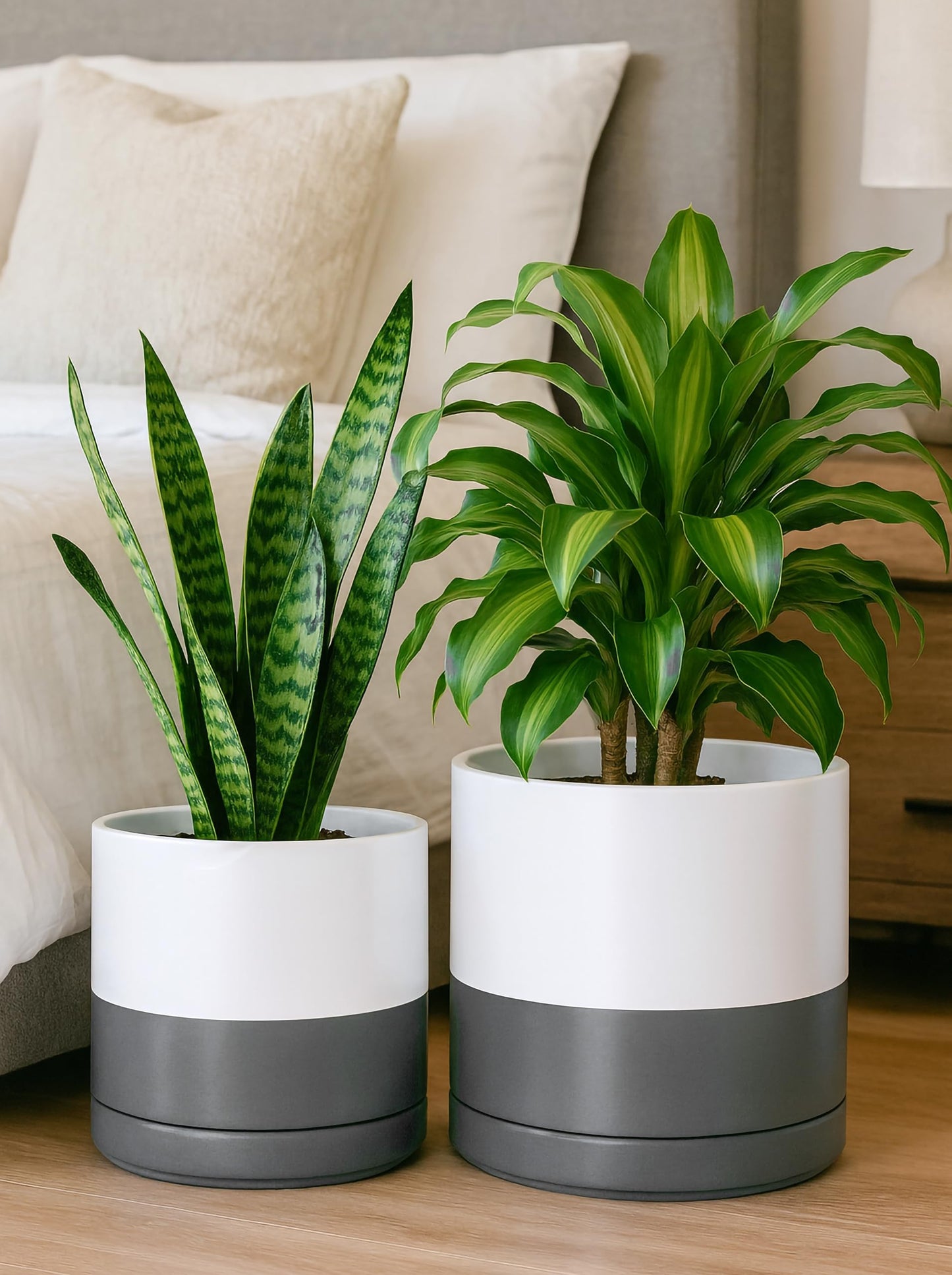 D'vine Dev 8.2 Inch & 10 Inch Ceramic Planter Pot for Plants with Drainage Hole and Saucer, Large Plant Pots Set, White/Speckled Grey, 94-G-L-6