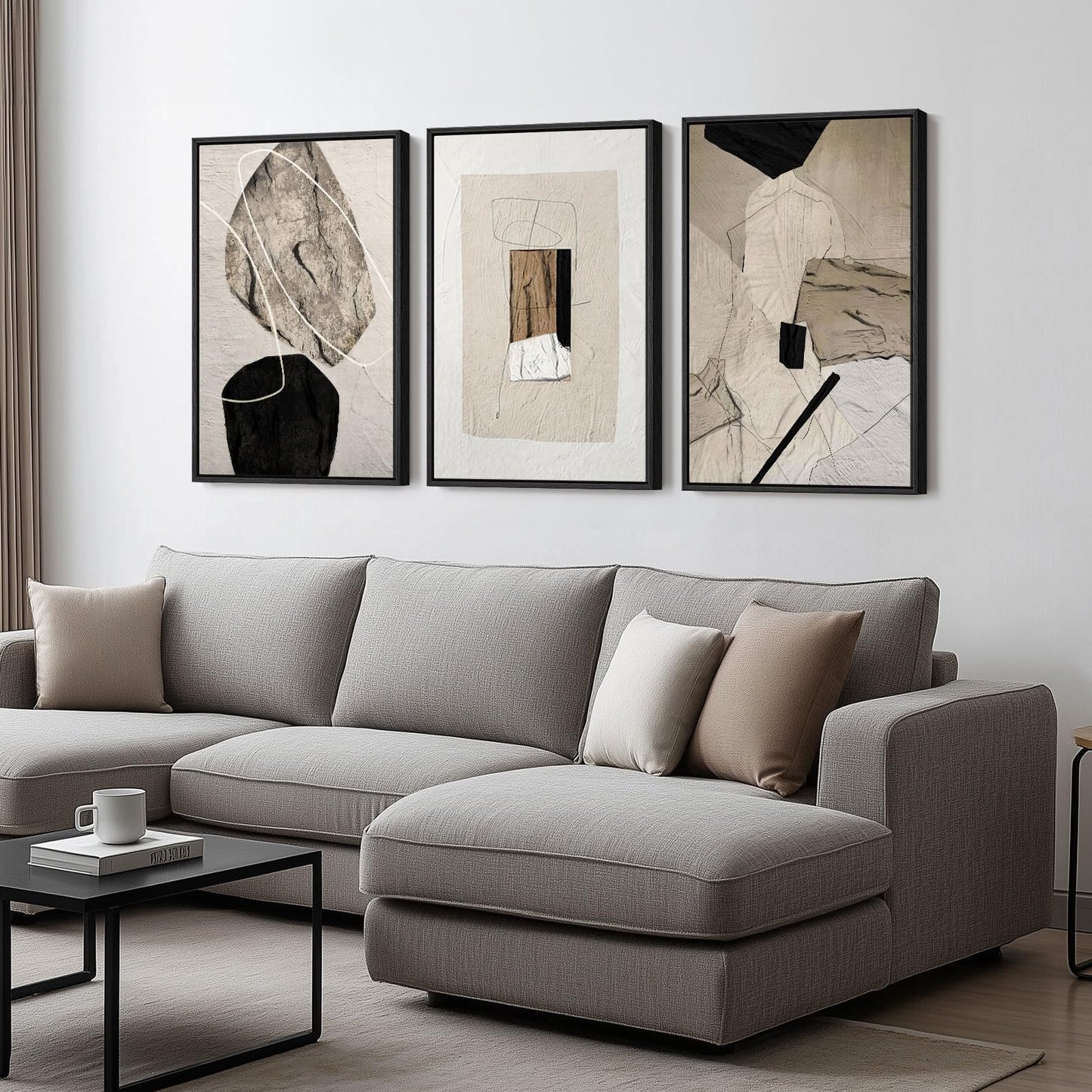 Framed Neutral Abstract Wall Art, Set of 3 Modern Canvas Prints Paintings Artwork for Walls, Minimalist Black and Beige Pictures for Living Room Hallway Stair Bedroom Office Wall Decor 16x24 Inch