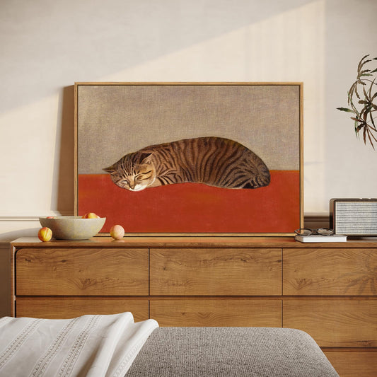 Framed Vintage Cat Wall Art for Bedroom, Modern Minimalist Neutral Cozy Animal Canvas Painting Prints, Retro Brown Earth Tone Aesthetic Sleeping Cat Artwork for Living Room Nursery Wall Decor, 16x24