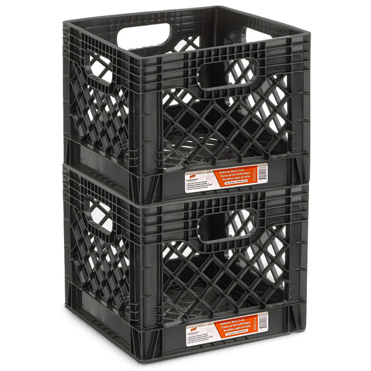 Juggernaut Storage 2-Pack Stackable Heavy Duty Milk Crates with Handles, 16 Qt, Black - Organizing Plastic Crate Basket for Grocery Shopping, Home Supplies, and Bathroom Accessories