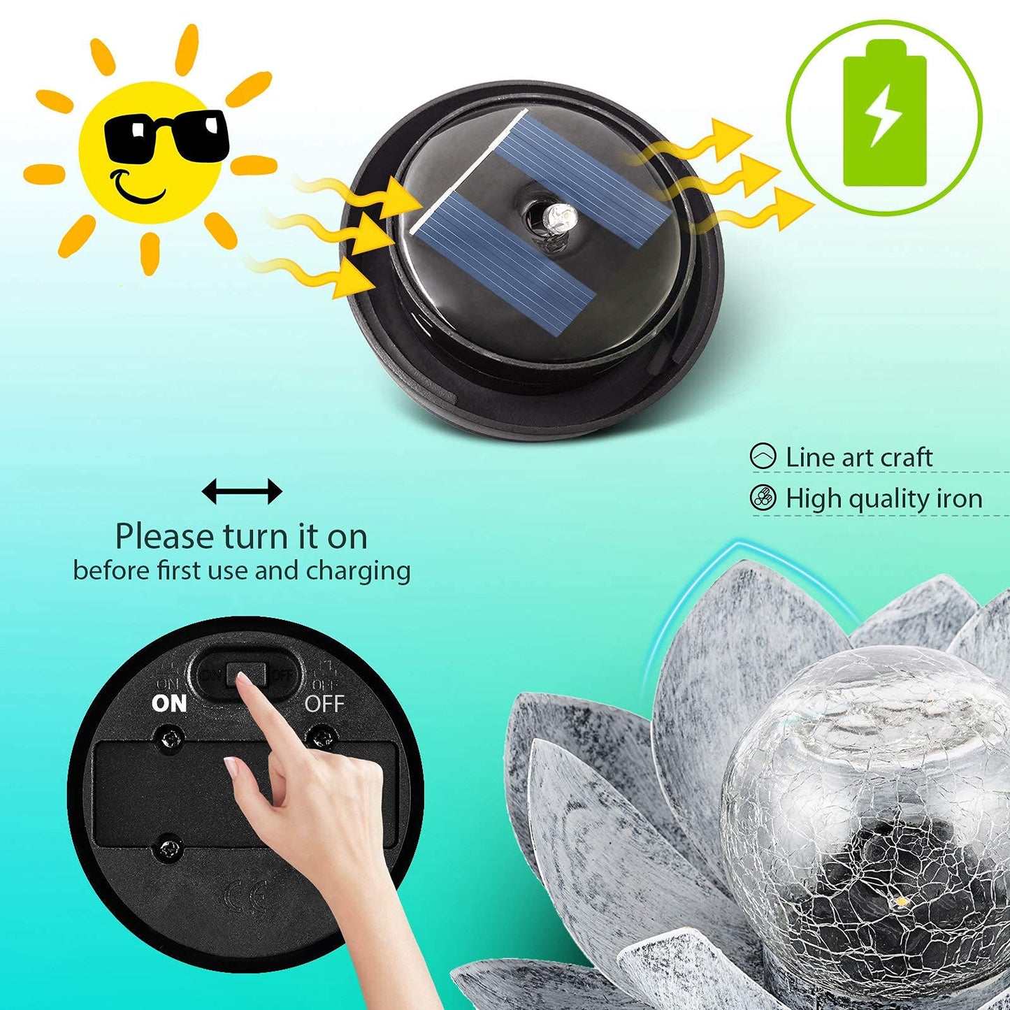 Huaxu Solar Lights Outdoor Garden, Crackle Globe Glass Lotus Decor, Waterproof LED Metal Flower Decorations for Patio,Lawn,Walkway,Tabletop,Ground