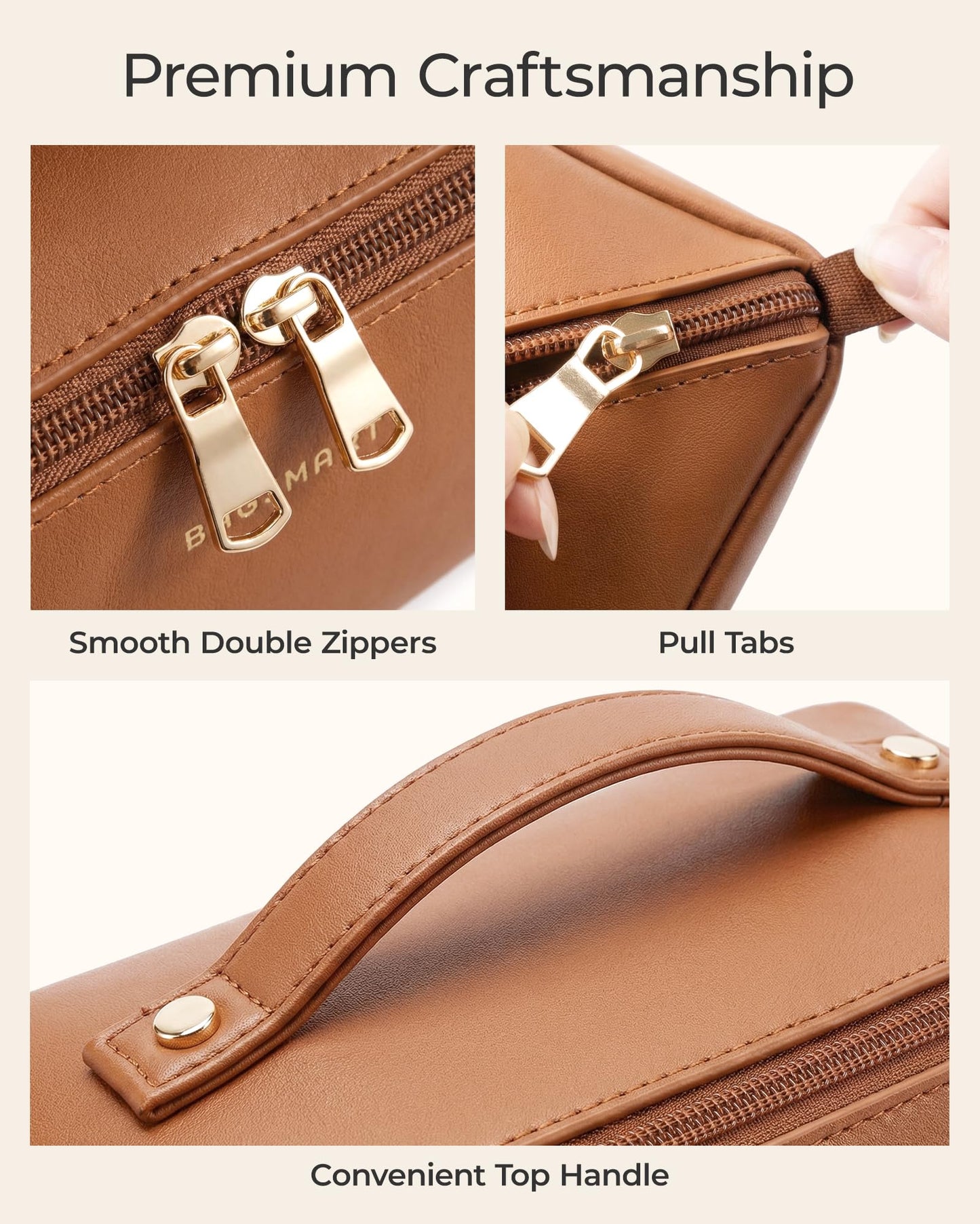 BAGSMART Makeup Bag Travel Cosmetic Bag, Large Make Up Bag Flat Open Toiletry Bag for Women, PU Leather Travel Essentials Organizer Case, Wide-open Pouch Purse for Skincare, Brushes, Classic Brown