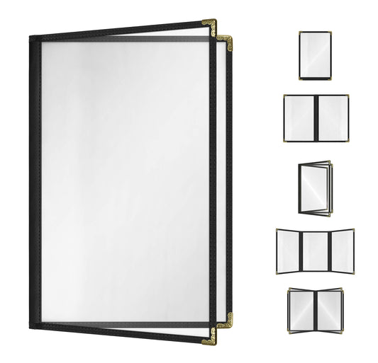 Goodsmart Restaurant Menu Covers – 25 Pack Black 4-View 8.5" x 14", Side-Loading Vinyl & Plastic Menu Holders, Clear Menu Sleeves, Leather-Style Café Covers with Gold Corners