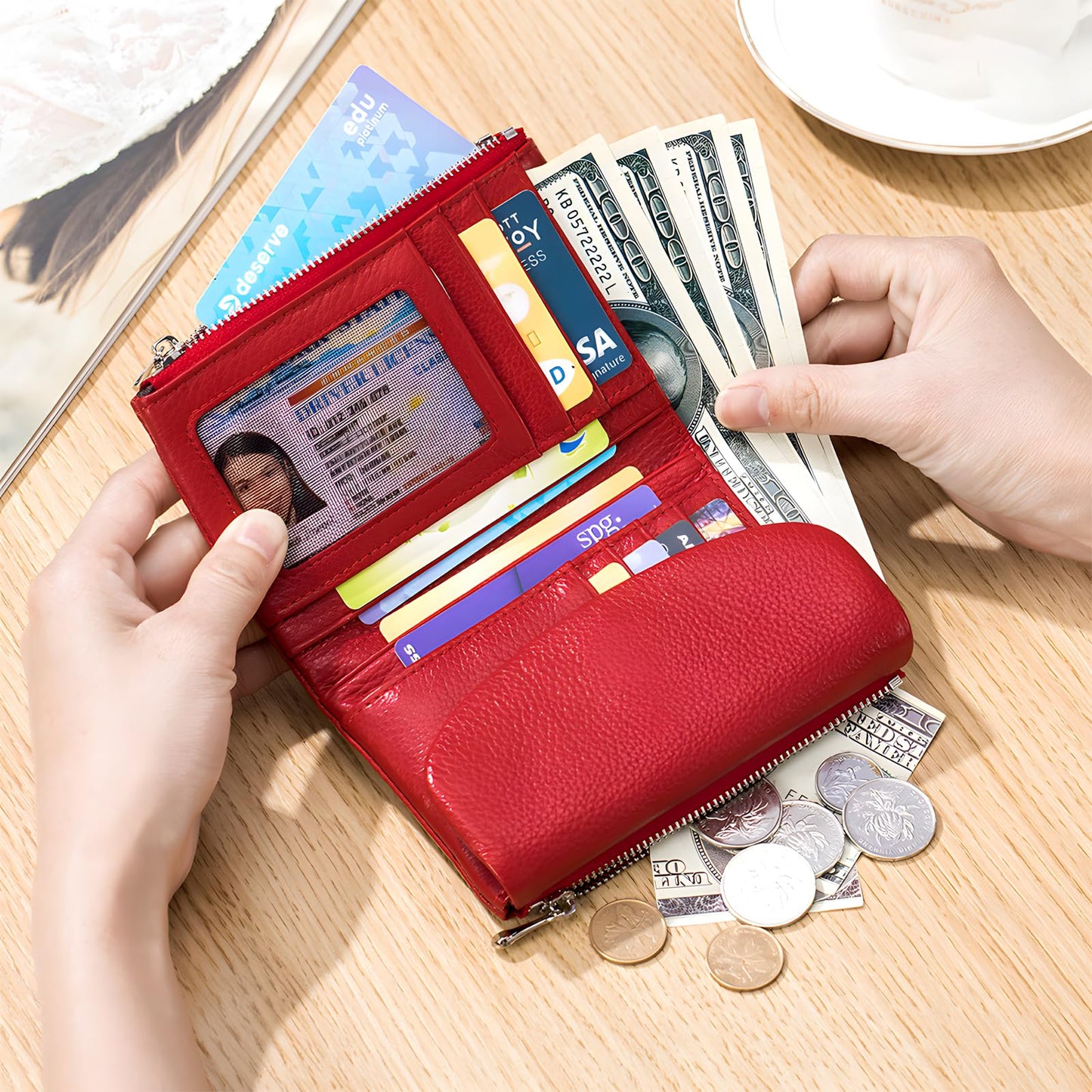 Unisex Pebble Leather Wallet, 5.3In Short Genuine Leather Coin Card Holder, Two zippered pockets, Unisex Clutch Bags, Can Hold Coins, Cards, Id Cards (Red)