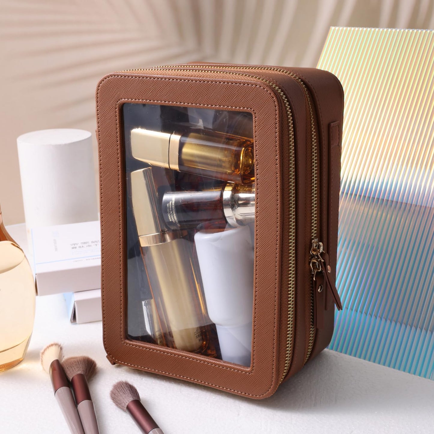 SANHECUN Clear Travel Toiletry bag Toiletry Case Carry on Travel Accessories Bag Makeup Bag Dimensions | LxWxH:9” x 6” x 4.2” (Brown, SHC-TL-2)