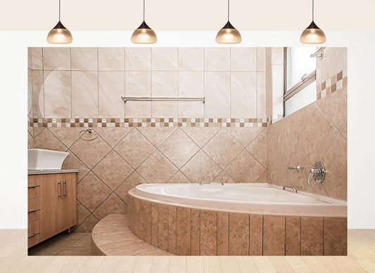 LidyMini 8x8ft Fabric Beige Tile Bathroom Backdrop Curved Bathtub Warm Neutral Tones Background Spa Shooting Theme