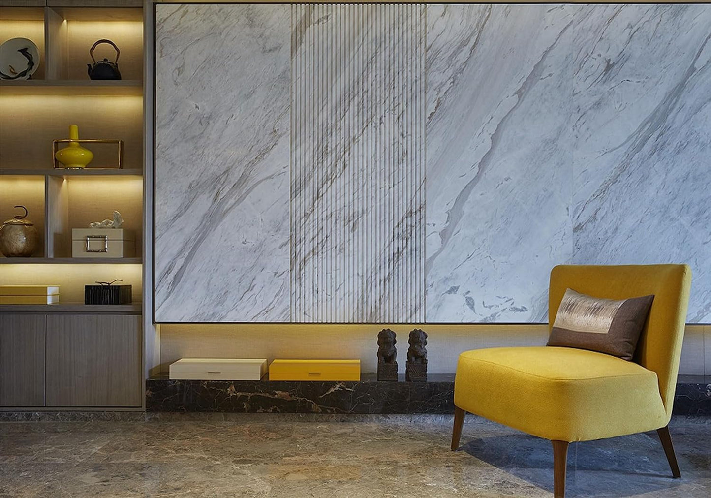 SHDASMIL 8X6ft Luxury Marble Wall Interior Backdrop Yellow Accent Chair Elegant Shelf Background Modern Asian Style