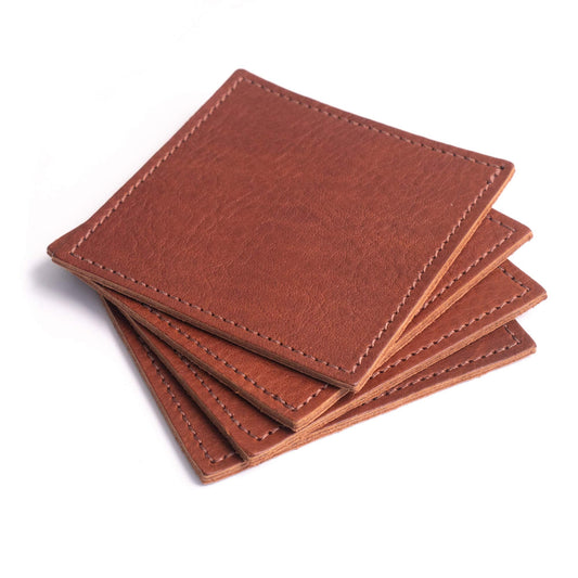 American Made Leather Coasters - Premium Full Grain Leather, Double Layered Square Rustic Brown Coaster Set, 4”x4” - Handmade in The USA - Set of 4