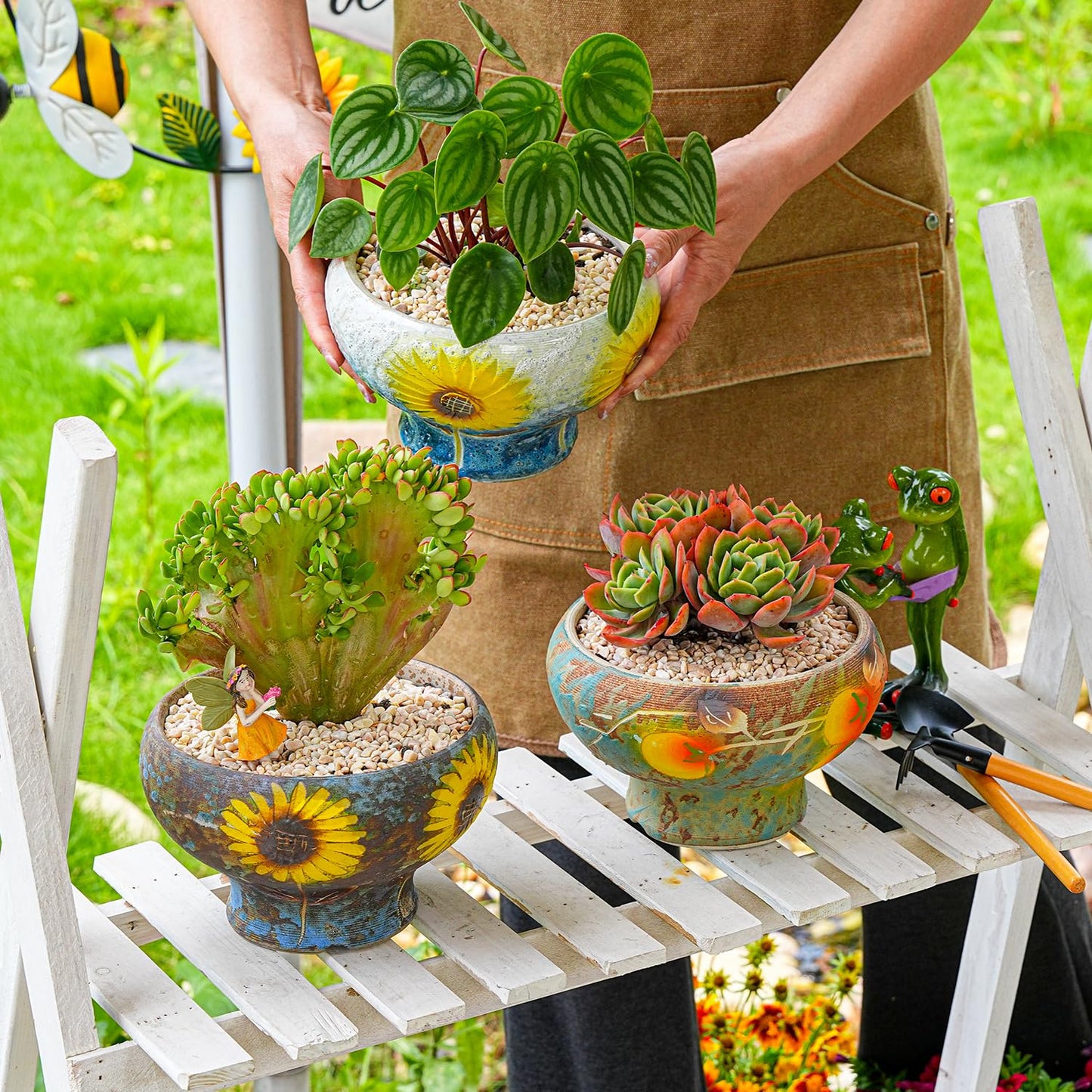 Sungmor Small Succulent Planters Set of 2, Beautiful Hand Crafted Ceramic Plant Pots Cute Cactus Pot, 6.5 Inch Flower Pots for Indoor Plants with Drainage, Desktop Windowsill Home Office Decor Pots
