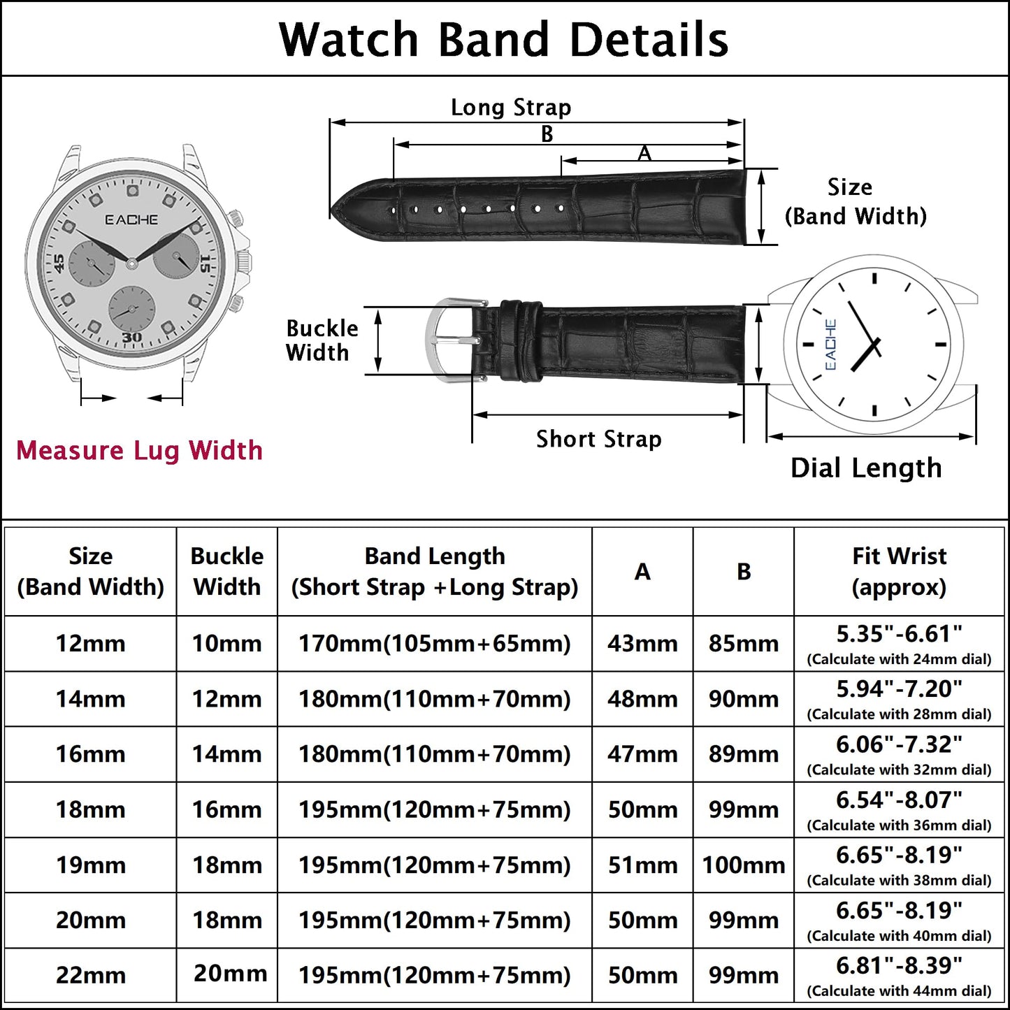 EACHE 18mm Black Leather Watch Bands, Classical Genuine Leather Watch Strap for Men Women18mm Black-Gold Buckle