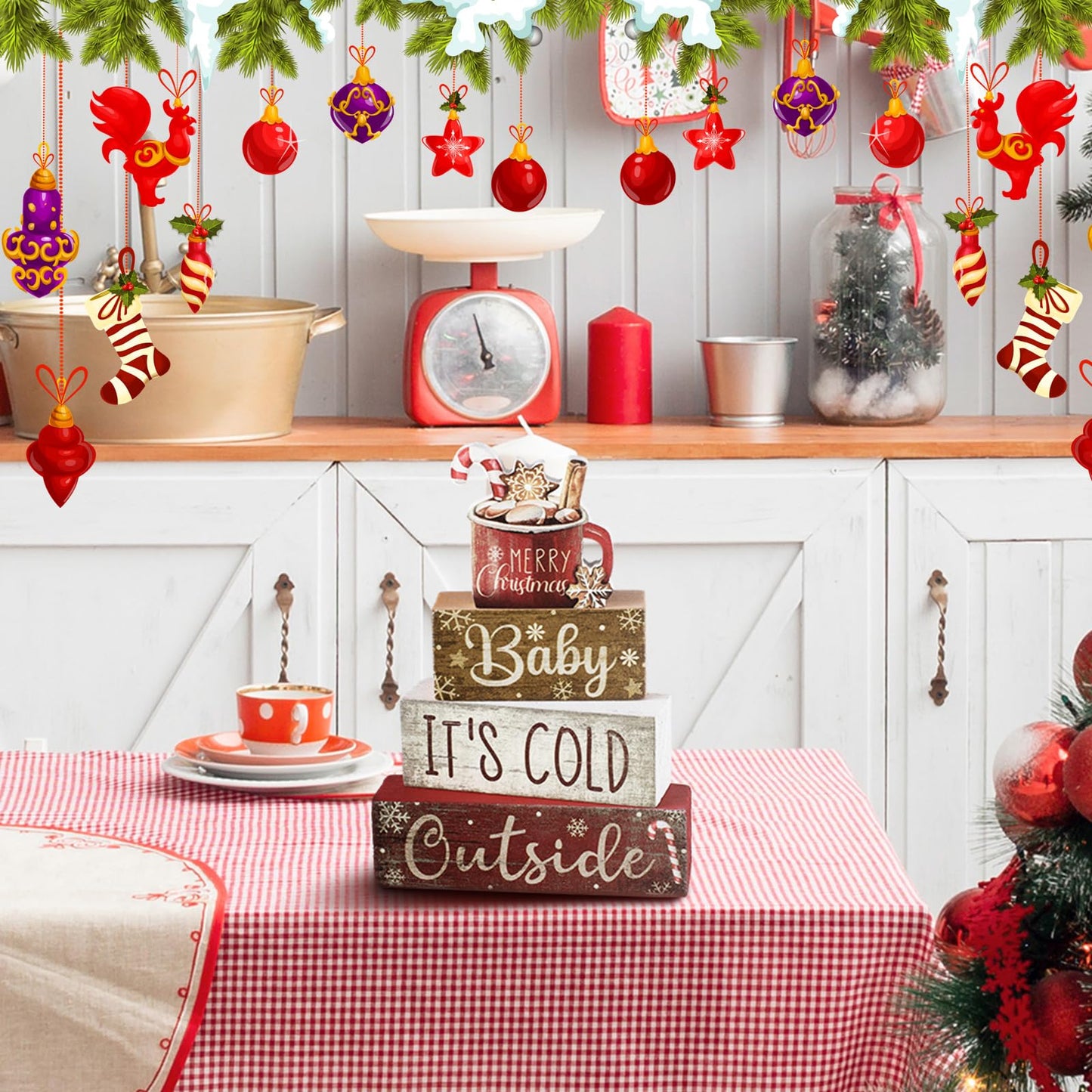 Moucuny 4 Pcs Christmas Table Decor Wooden Hot Cocoa Decoration Christmas Centerpiece Winter Tiered Tray Decor Decorative Red Hot Cocoa Block Signs Gift Farmhouse Xmas Decoration for Home Kitchen