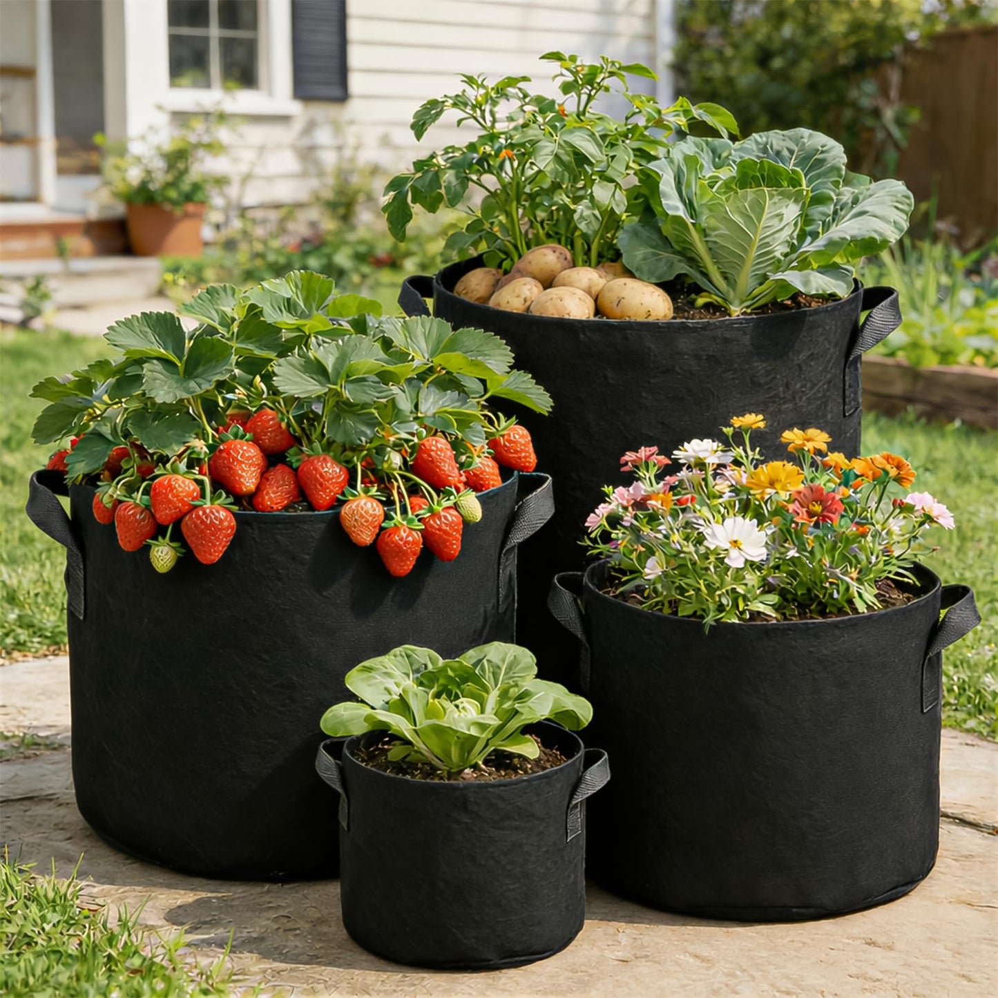 COKIELE 5 Pack 5 Gallon Grow Bags, Thickened Aeration Nonwoven Fabric Plant Pots with Handles, Heavy Duty 300G Garden Planting Bag for Tomato, Potato, Strawberry, Vegetable, Fruits and Flowers