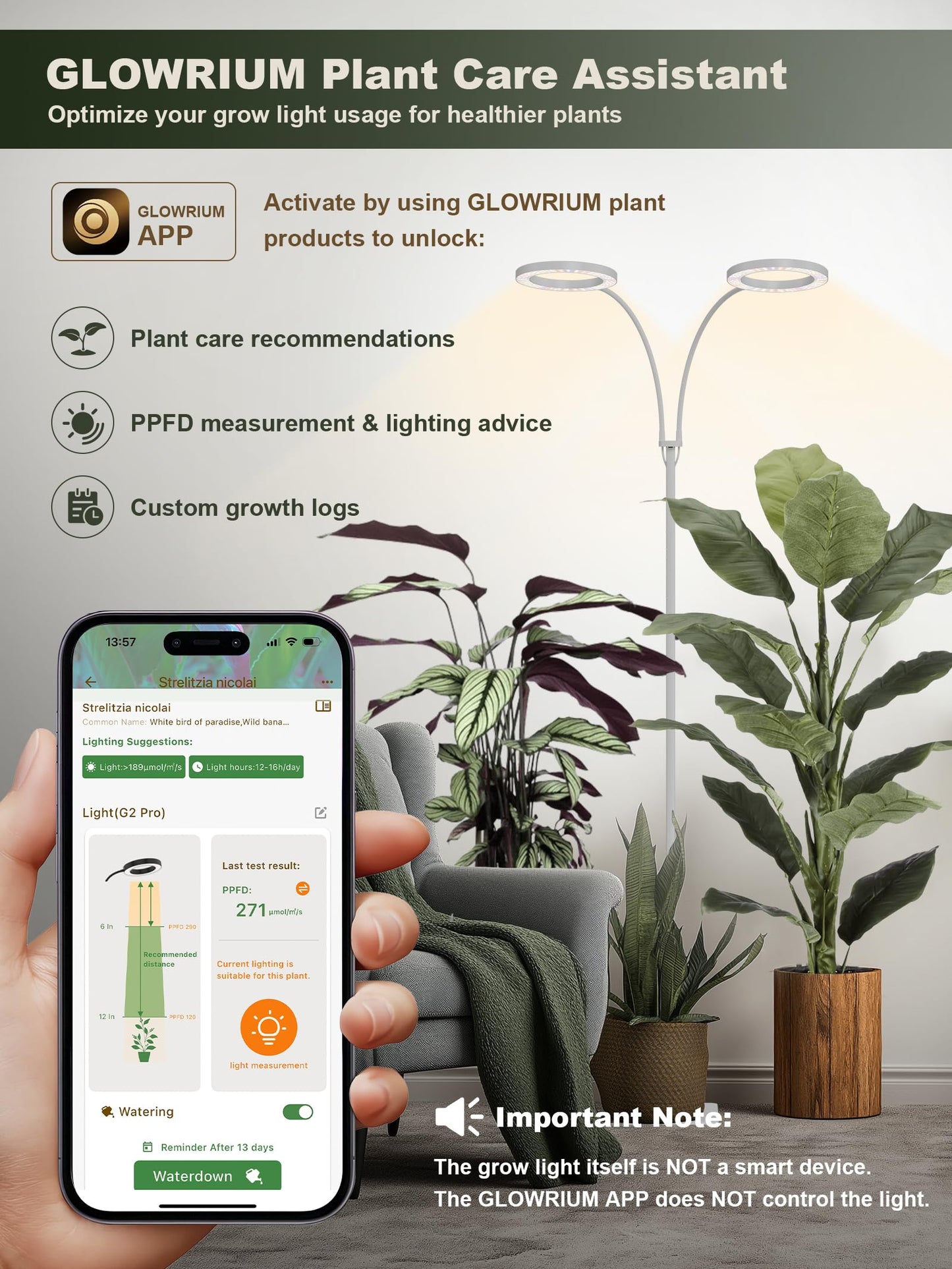 GLOWRIUM 48W LED Dual-Head Grow Light for Indoor Plants, 23.5-71" Adjustable Height, 3-Growing Full Spectrum for Tall Plant Light, 3/9/12/16H Timer, 6-Level Dimming, Ideal for Large Tall Plants