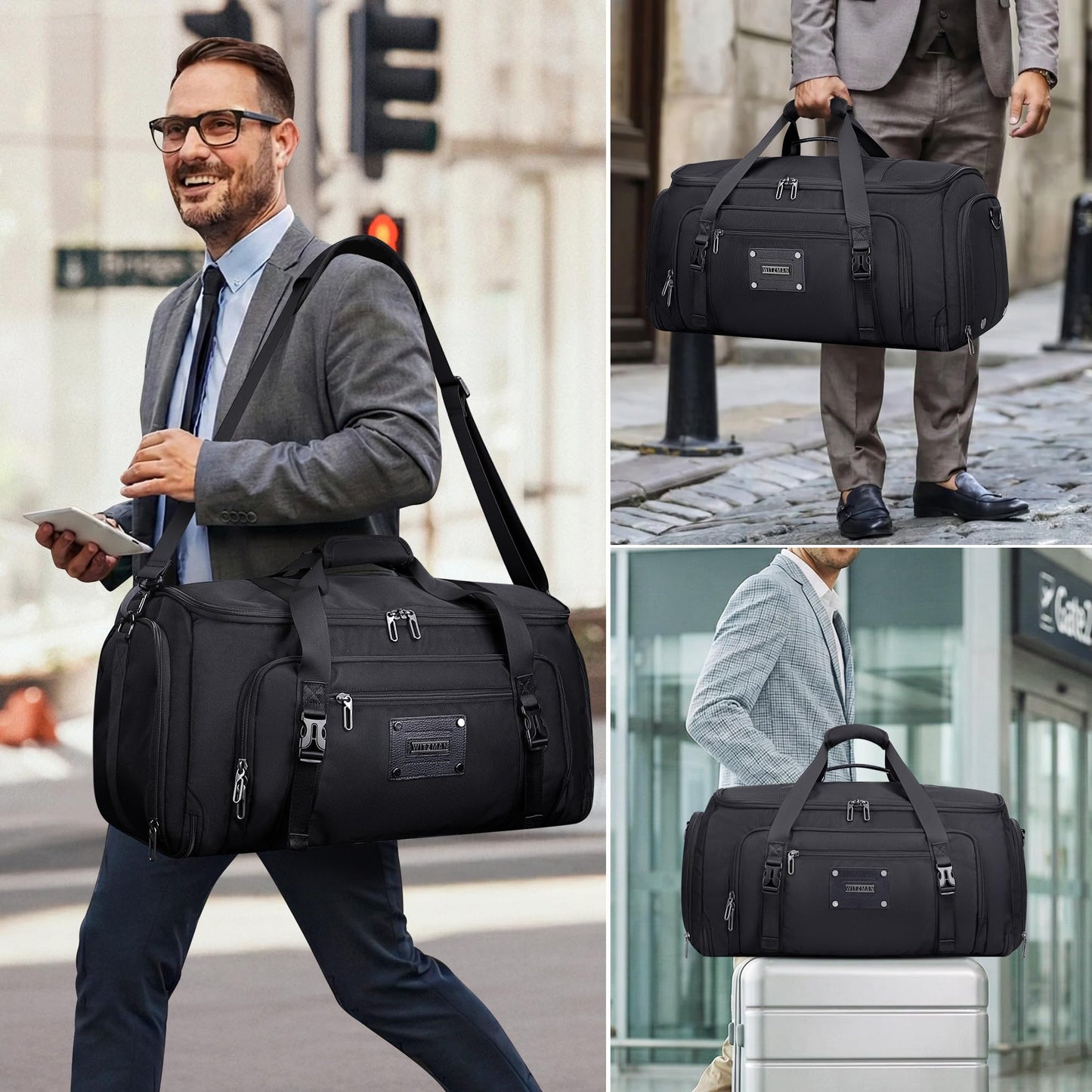 WITZMAN Mens Garment Duffle Bags for Travel Convertible Carry-on Suit Garment Bag for Men Hanging Clothes with Shoe Compartment（B724 Black）
