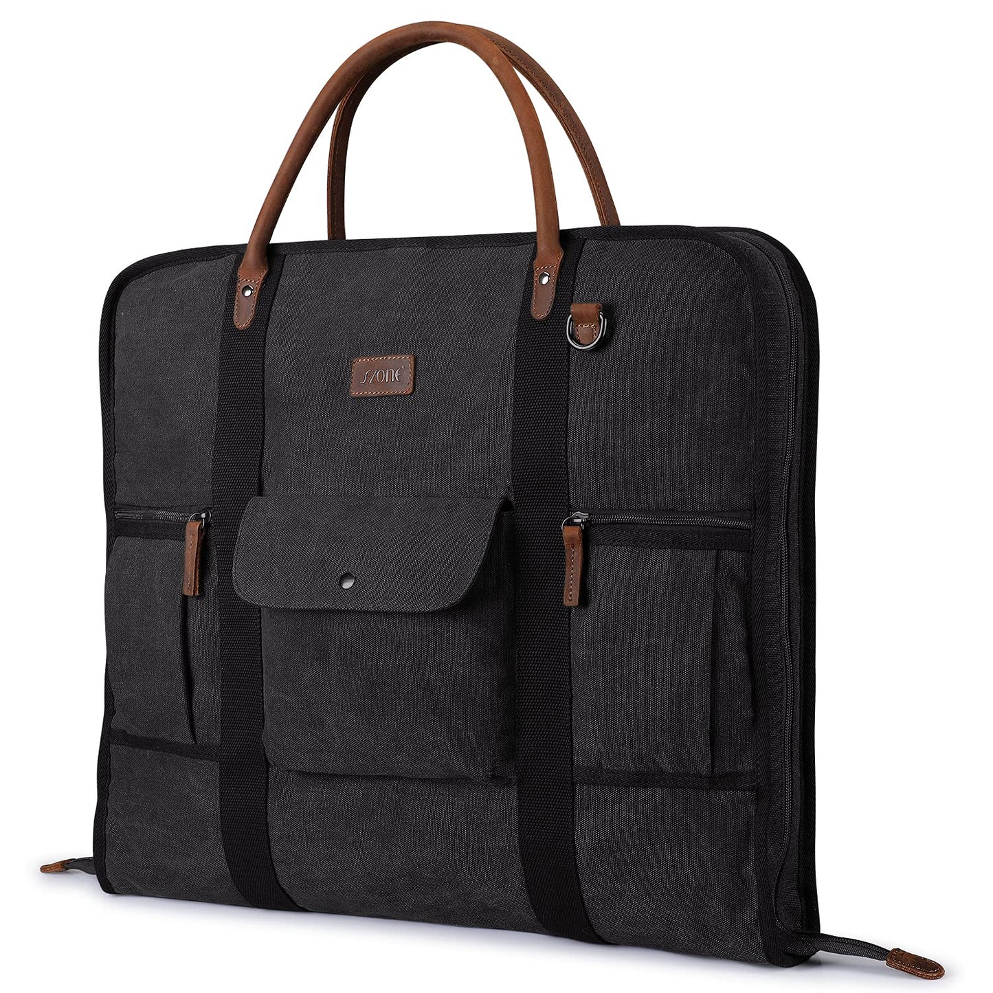 S-ZONE Carry On Garment Bag for Business Travel Canvas Leather Men Women Suit Cover, Black-l, L, Modern