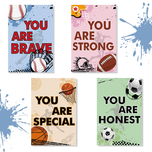 4 Pcs Sports Bedroom Inspirational Wall Decor Sign for Kids, Soccer Basketball Baseball Rugby Decor, Art Inspired Hanging Signs Boys Girls Kids Nursery School Nursery School