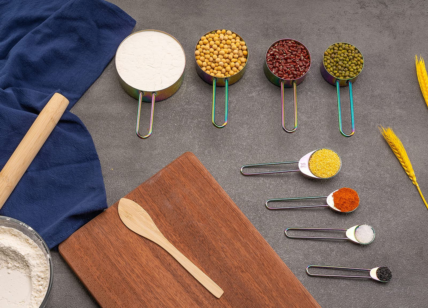 WELLSTAR Measuring Cups and Spoons Set of 8, Food Grade 18/8 Stainless Steel Measure set for Dry Liquid Measurement, Rainbow Titanium Coated Kitchen Gadgets for Cooking Baking, 4 Cup and 4 Spoon