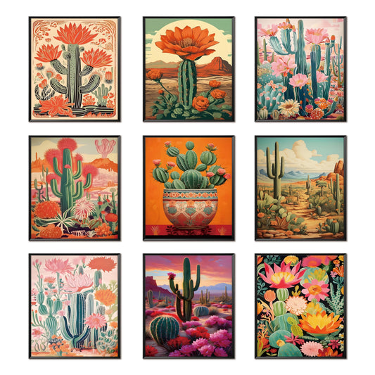 Vintage Colorful Cactus Wall Art Set of 9, Mexican Southwestern Floral Desert Landscape Poster Prints, Boho Cactus Wall Decor for Living Room Bathroom Succulent Plant Canvas Art 8x10 Inch Unframed
