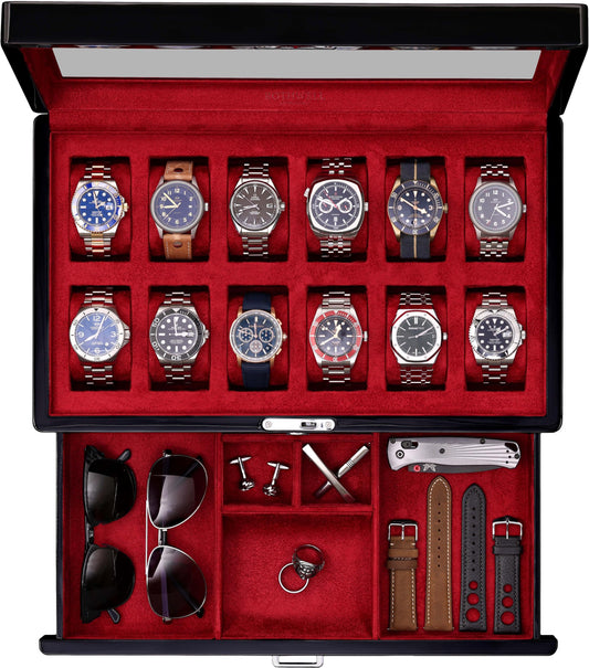ROTHWELL 12-Slot Piano Black Watch Box with Valet Drawer - Premium Jewelry Display Case Organizer with Locking Glass Top and Microsuede Liner for Men & Women (Red Interior)